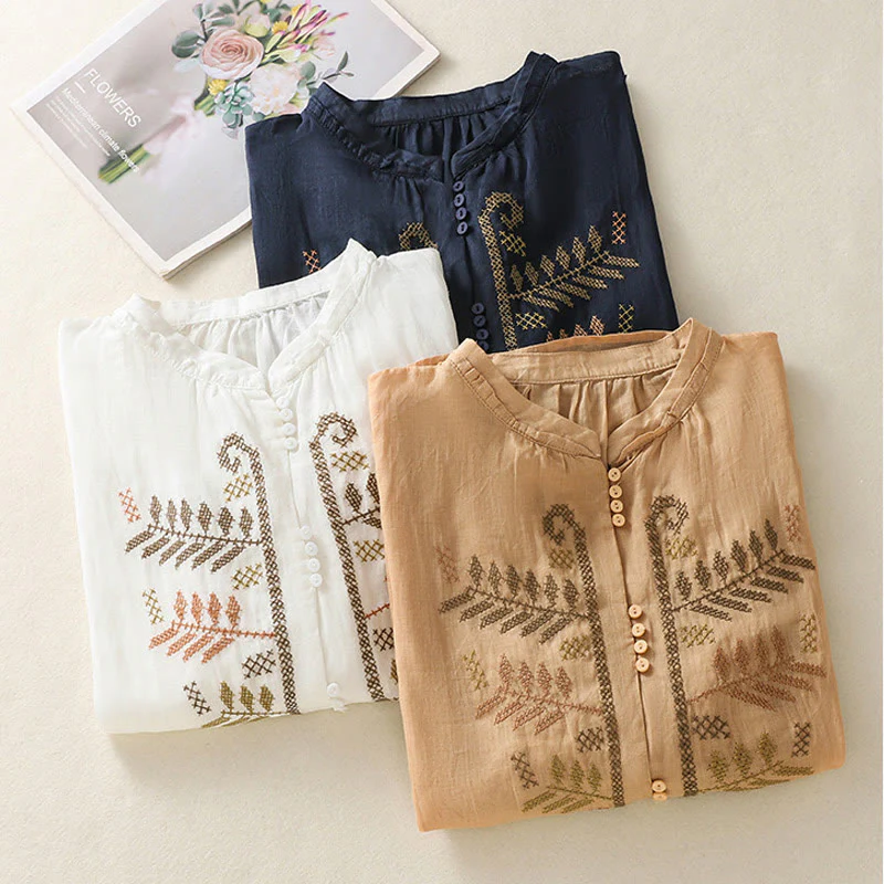 Camicia da donna a maniche a tre quarti in cotone e lino con ricamo artistico a Buddha Stones . - Image 24