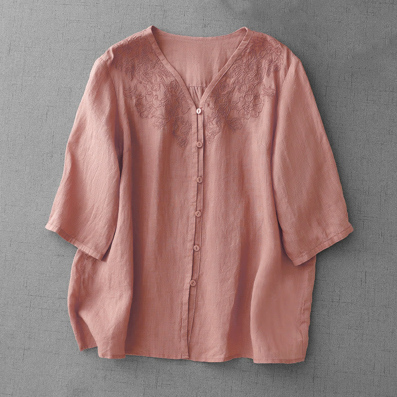 Camicia da donna a maniche corte in cotone con ricamo artistico a tinta unita e bottoni frontali, con motivo Buddha Stones.
