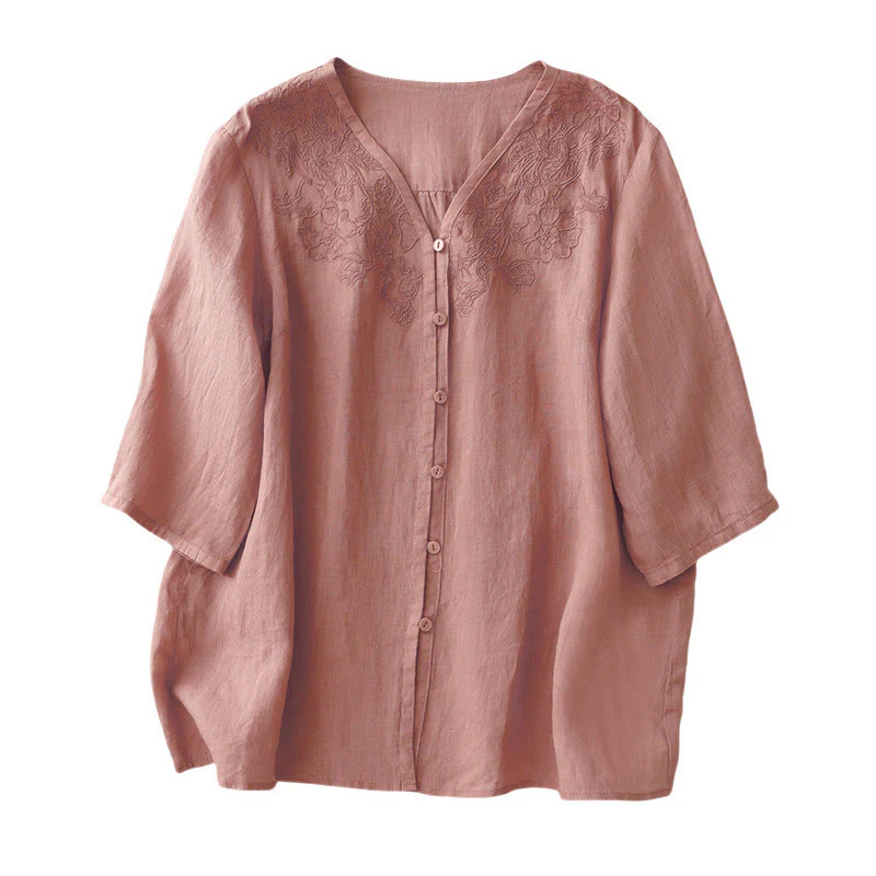 Camicia da donna a maniche corte in cotone con ricamo artistico a tinta unita e bottoni frontali, con motivo Buddha Stones. - Image 11