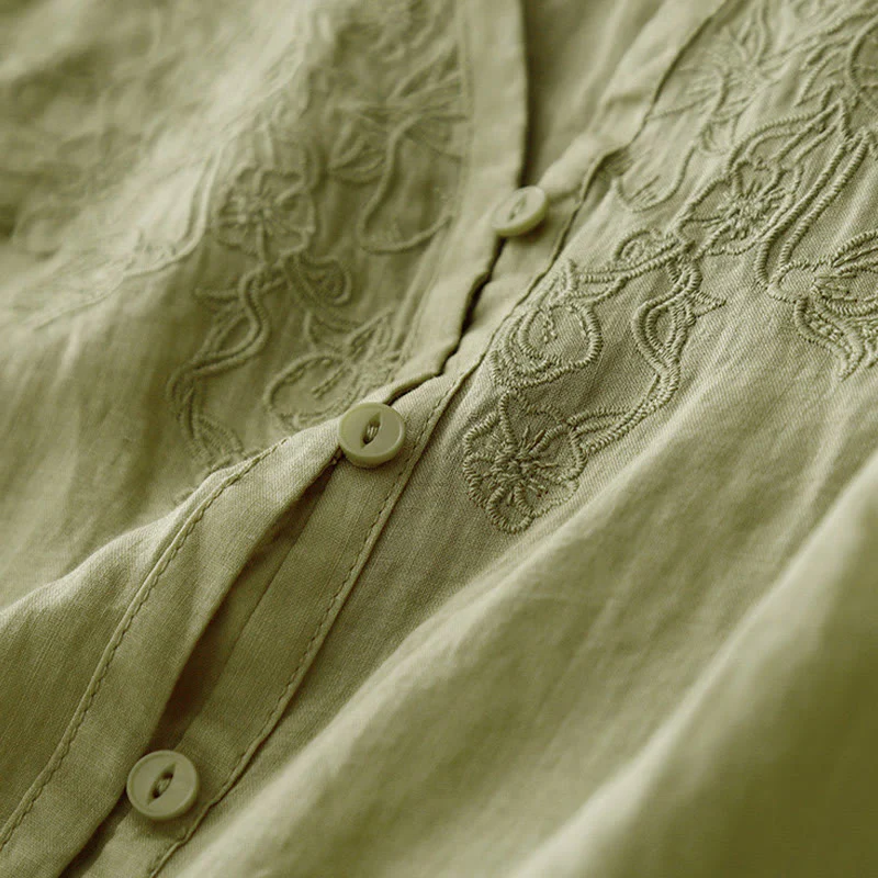 Camicia da donna a maniche corte in cotone con ricamo artistico a tinta unita e bottoni frontali, con motivo Buddha Stones. - Image 20