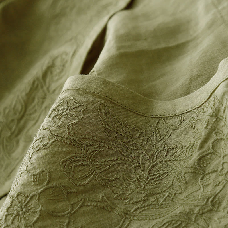 Camicia da donna a maniche corte in cotone con ricamo artistico a tinta unita e bottoni frontali, con motivo Buddha Stones. - Image 21