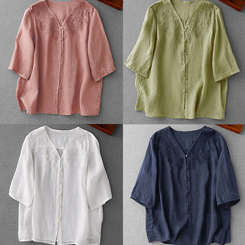 Camicia da donna a maniche corte in cotone con ricamo artistico a tinta unita e bottoni frontali, con motivo Buddha Stones. - Image 29