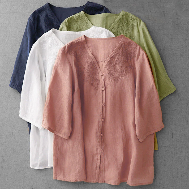 Camicia da donna a maniche corte in cotone con ricamo artistico a tinta unita e bottoni frontali, con motivo Buddha Stones. - Image 30