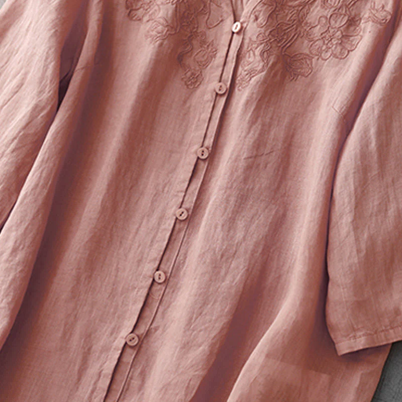 Camicia da donna a maniche corte in cotone con ricamo artistico a tinta unita e bottoni frontali, con motivo Buddha Stones. - Image 9