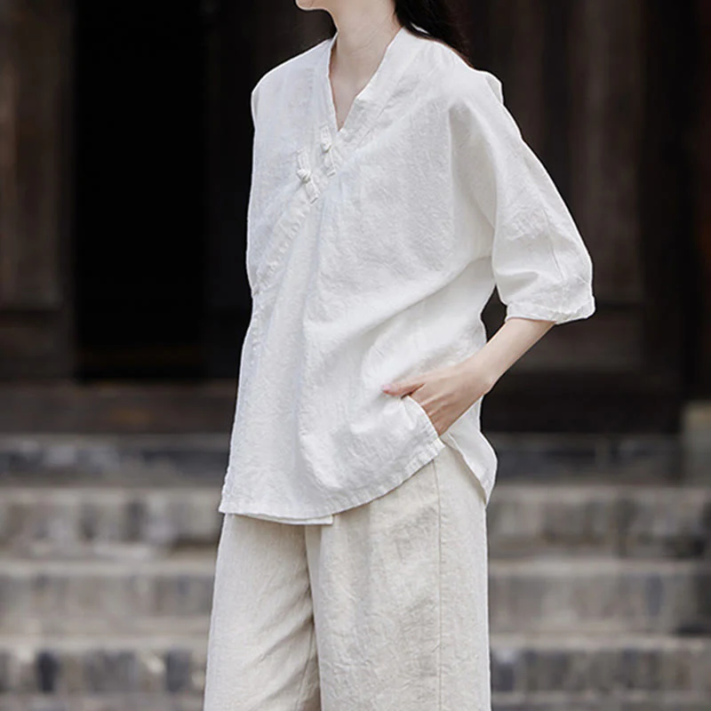 Camicia da donna a maniche corte in cotone e lino con motivo Buddha Stones Vintage Zen, allacciatura laterale e patchwork, colore puro. - Image 10