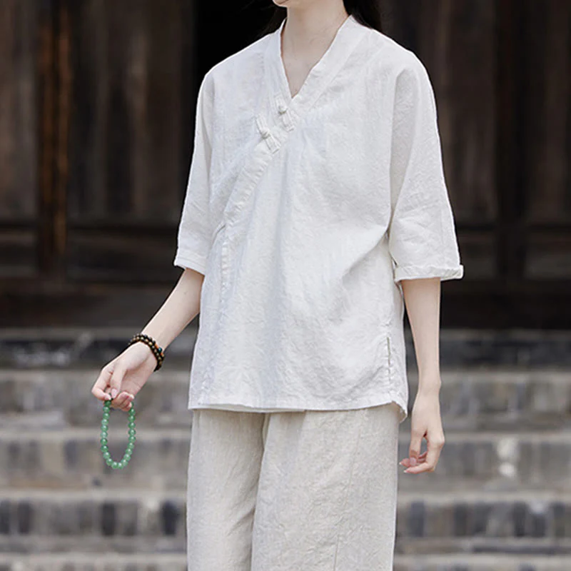 Camicia da donna a maniche corte in cotone e lino con motivo Buddha Stones Vintage Zen, allacciatura laterale e patchwork, colore puro. - Image 11