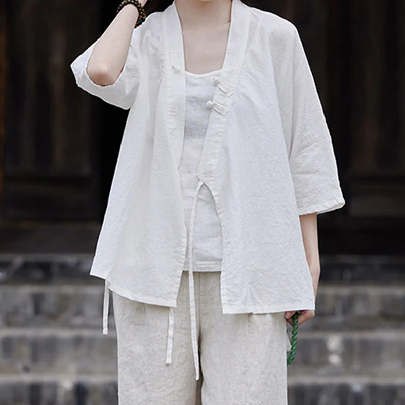 Camicia da donna a maniche corte in cotone e lino con motivo Buddha Stones Vintage Zen, allacciatura laterale e patchwork, colore puro. - Image 12