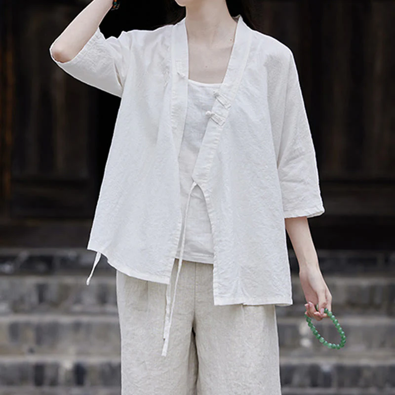 Camicia da donna a maniche corte in cotone e lino con motivo Buddha Stones Vintage Zen, allacciatura laterale e patchwork, colore puro. - Image 13