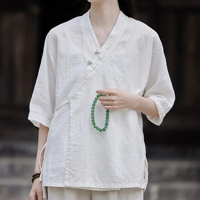 Camicia da donna a maniche corte in cotone e lino con motivo Buddha Stones Vintage Zen, allacciatura laterale e patchwork, colore puro. - Image 15