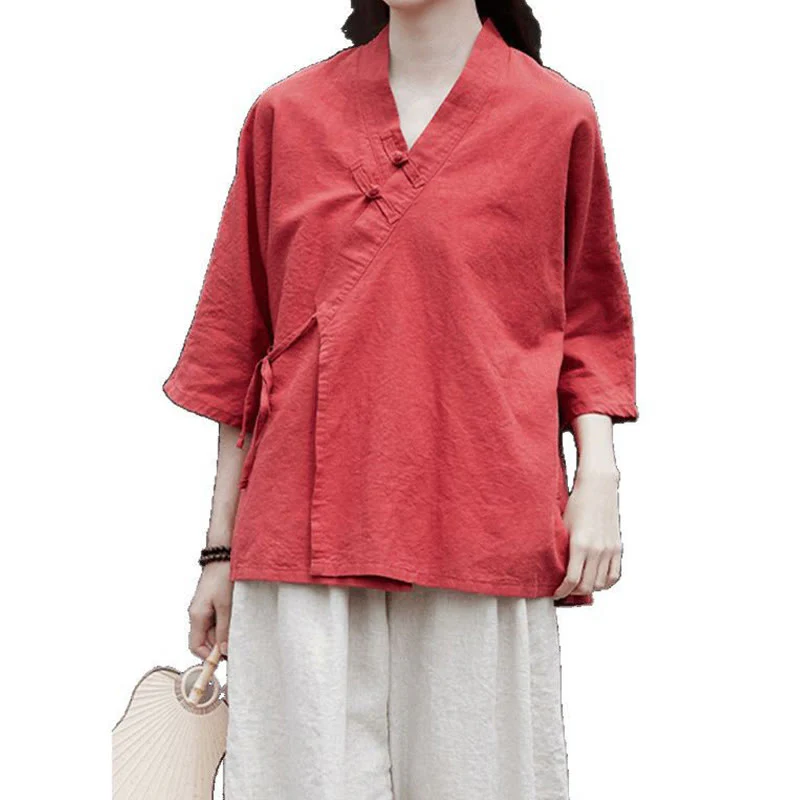 Camicia da donna a maniche corte in cotone e lino con motivo Buddha Stones Vintage Zen, allacciatura laterale e patchwork, colore puro. - Image 16
