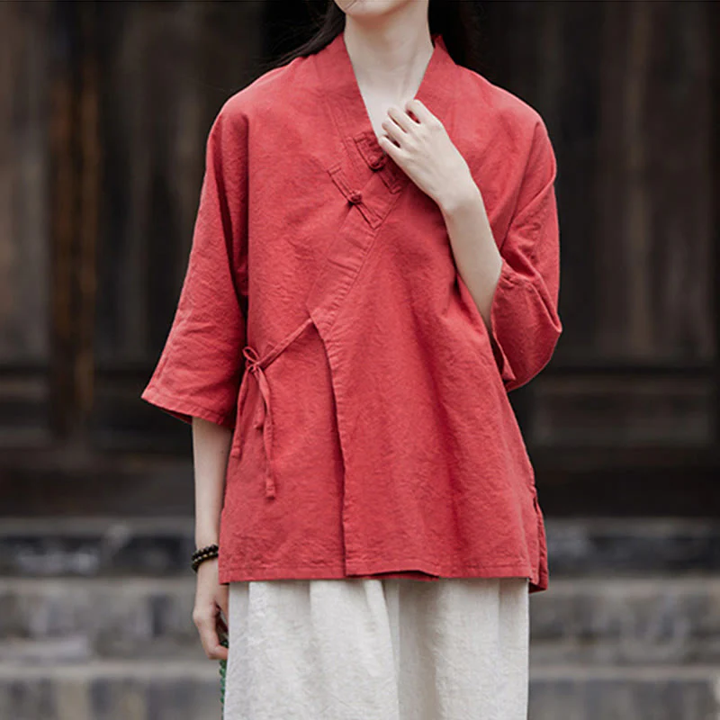 Camicia da donna a maniche corte in cotone e lino con motivo Buddha Stones Vintage Zen, allacciatura laterale e patchwork, colore puro. - Image 17