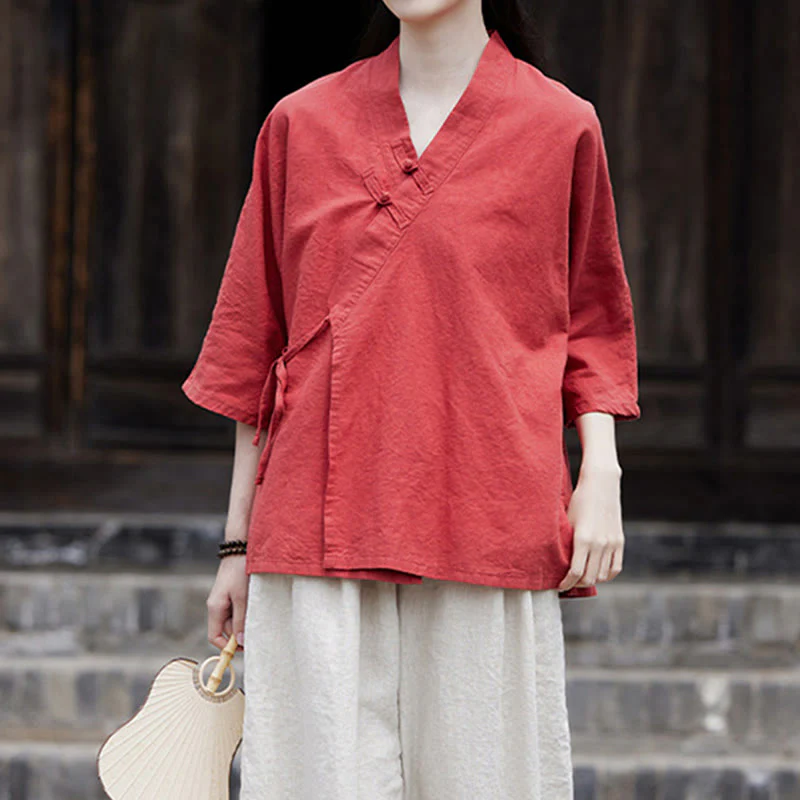Camicia da donna a maniche corte in cotone e lino con motivo Buddha Stones Vintage Zen, allacciatura laterale e patchwork, colore puro. - Image 19