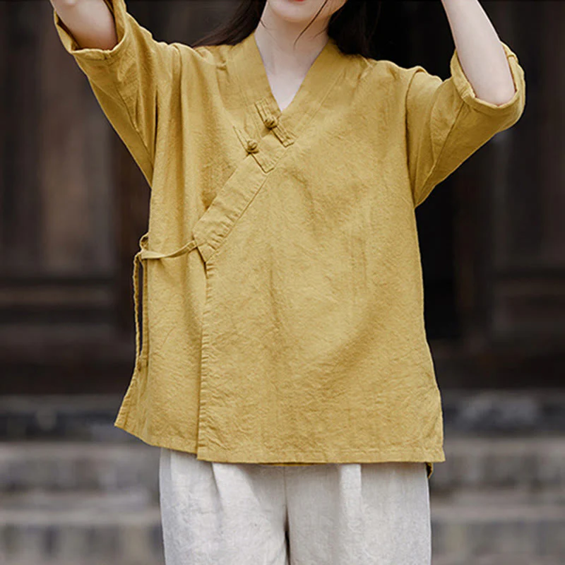 Camicia da donna a maniche corte in cotone e lino con motivo Buddha Stones Vintage Zen, allacciatura laterale e patchwork, colore puro. - Image 2
