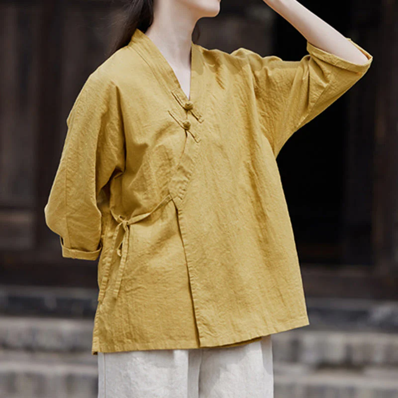 Camicia da donna a maniche corte in cotone e lino con motivo Buddha Stones Vintage Zen, allacciatura laterale e patchwork, colore puro. - Image 3