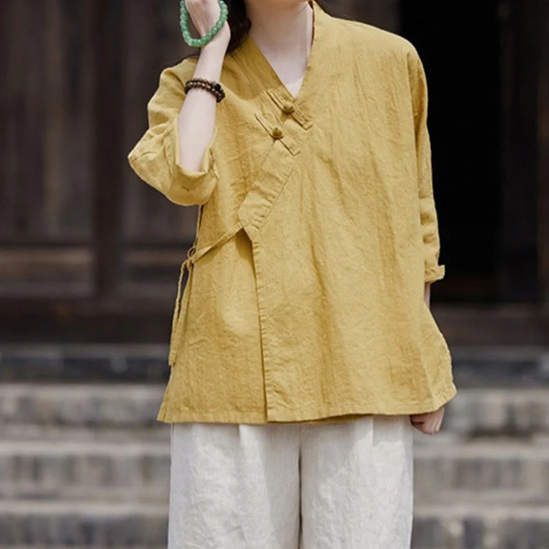 Camicia da donna a maniche corte in cotone e lino con motivo Buddha Stones Vintage Zen, allacciatura laterale e patchwork, colore puro. - Image 5