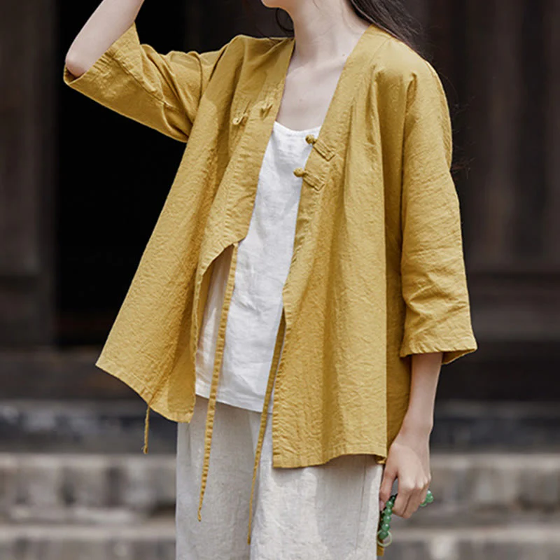 Camicia da donna a maniche corte in cotone e lino con motivo Buddha Stones Vintage Zen, allacciatura laterale e patchwork, colore puro. - Image 6