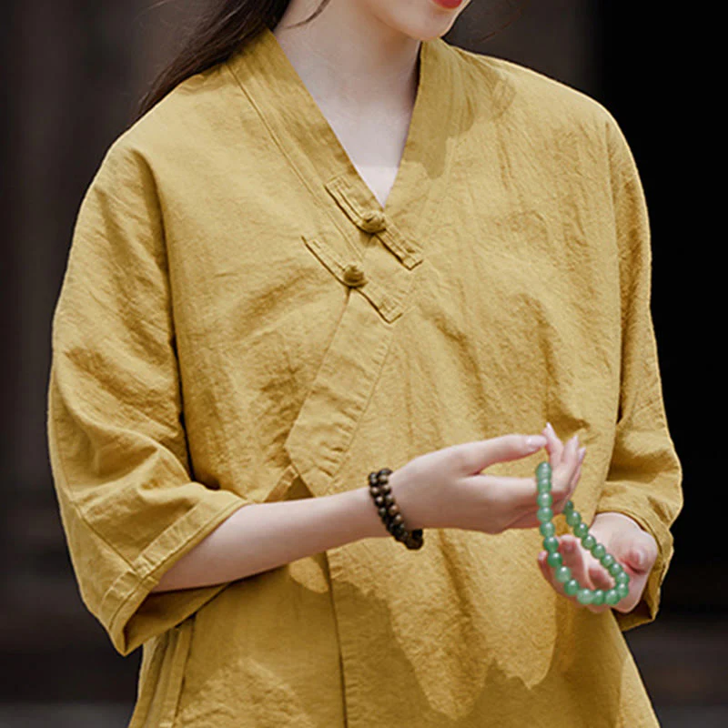 Camicia da donna a maniche corte in cotone e lino con motivo Buddha Stones Vintage Zen, allacciatura laterale e patchwork, colore puro. - Image 7