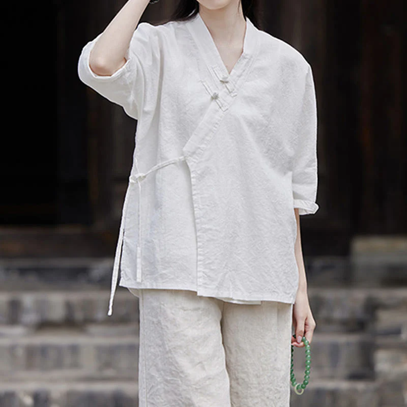 Camicia da donna a maniche corte in cotone e lino con motivo Buddha Stones Vintage Zen, allacciatura laterale e patchwork, colore puro. - Image 8