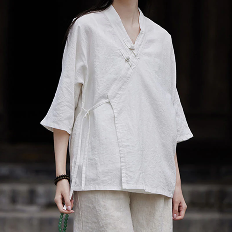 Camicia da donna a maniche corte in cotone e lino con motivo Buddha Stones Vintage Zen, allacciatura laterale e patchwork, colore puro. - Image 9