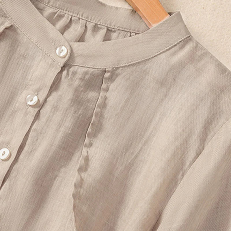 Camicia da donna a maniche a tre quarti in cotone e lino con bottoni, design a volant e stampa Buddha Stones, casual e semplice. - Image 11
