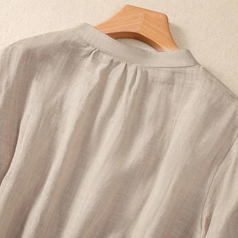 Camicia da donna a maniche a tre quarti in cotone e lino con bottoni, design a volant e stampa Buddha Stones, casual e semplice. - Image 12