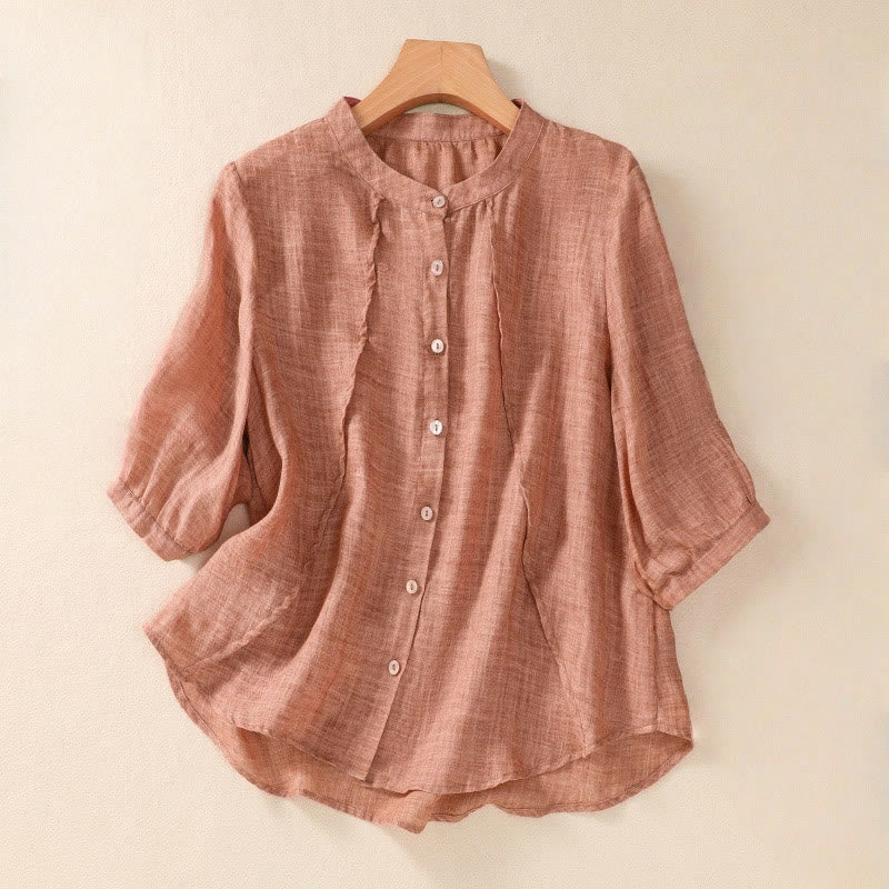 Camicia da donna a maniche a tre quarti in cotone e lino con bottoni, design a volant e stampa Buddha Stones, casual e semplice. - Image 16