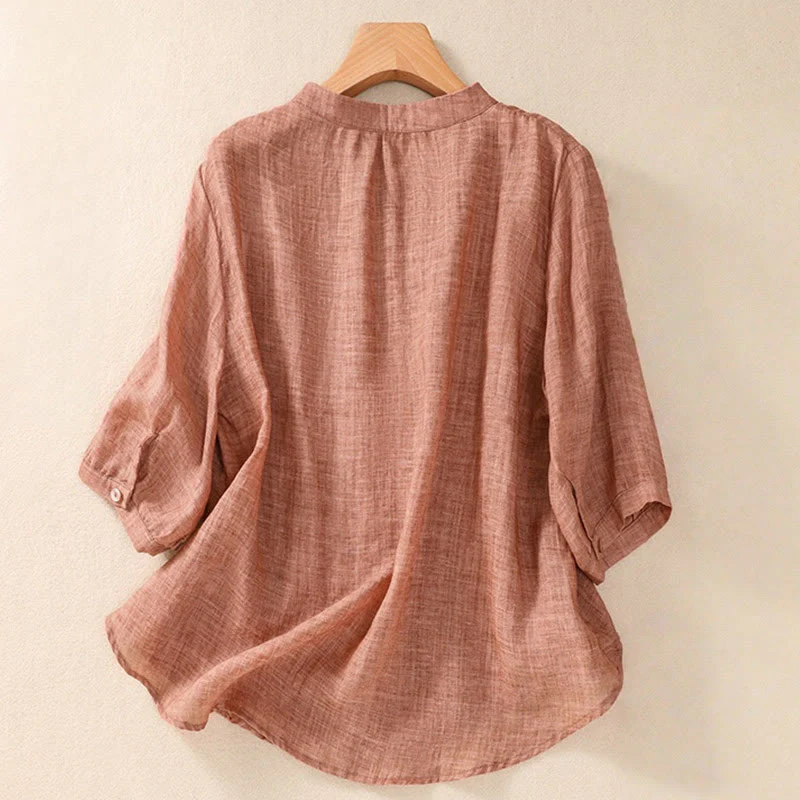 Camicia da donna a maniche a tre quarti in cotone e lino con bottoni, design a volant e stampa Buddha Stones, casual e semplice. - Image 17
