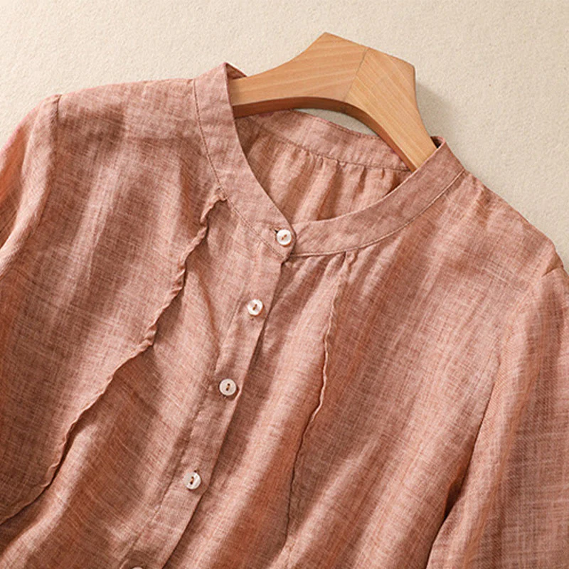 Camicia da donna a maniche a tre quarti in cotone e lino con bottoni, design a volant e stampa Buddha Stones, casual e semplice. - Image 18