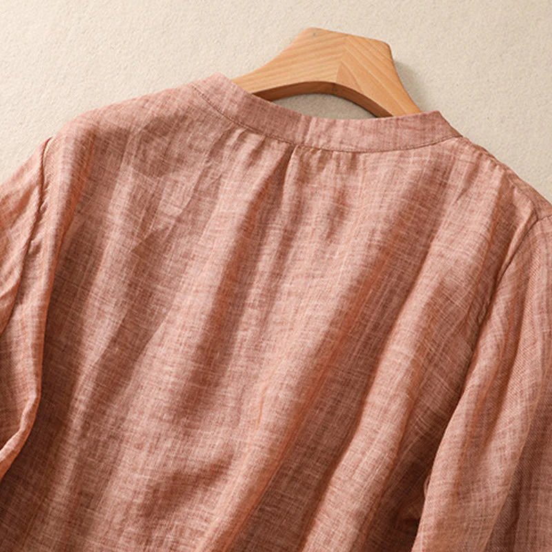 Camicia da donna a maniche a tre quarti in cotone e lino con bottoni, design a volant e stampa Buddha Stones, casual e semplice. - Image 19