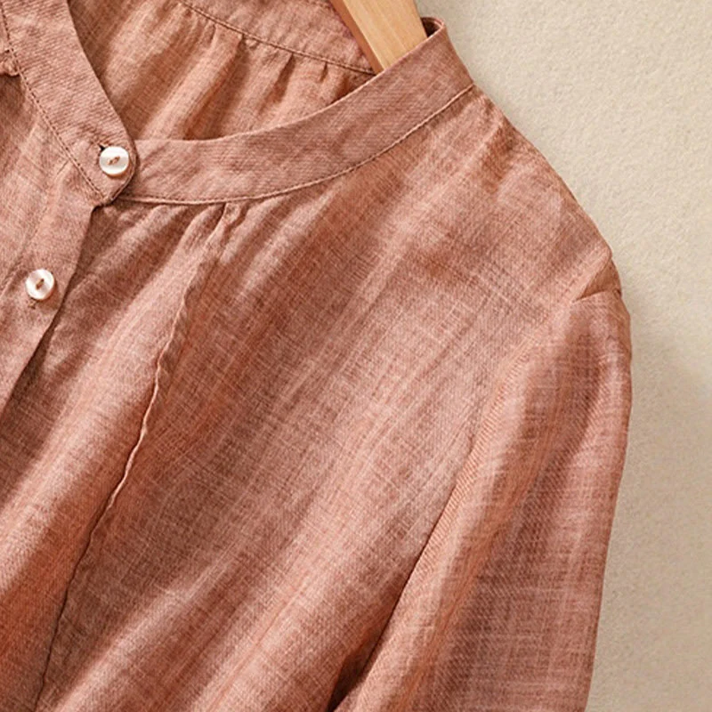 Camicia da donna a maniche a tre quarti in cotone e lino con bottoni, design a volant e stampa Buddha Stones, casual e semplice. - Image 20