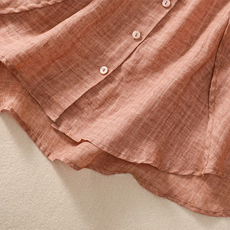 Camicia da donna a maniche a tre quarti in cotone e lino con bottoni, design a volant e stampa Buddha Stones, casual e semplice. - Image 21