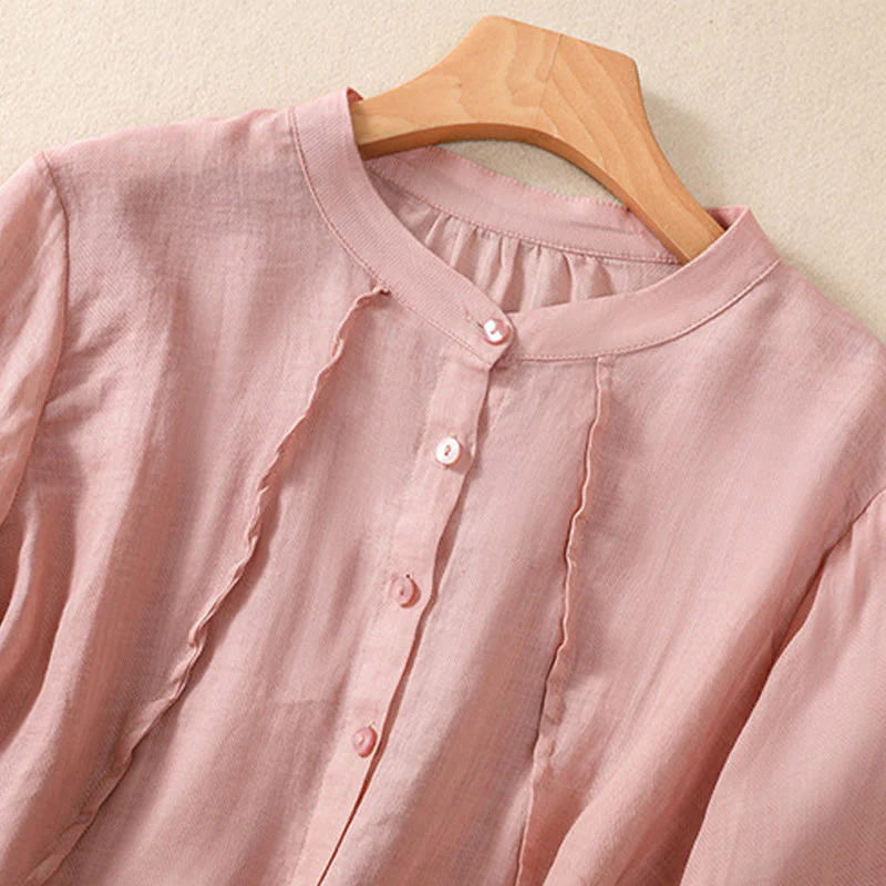 Camicia da donna a maniche a tre quarti in cotone e lino con bottoni, design a volant e stampa Buddha Stones, casual e semplice. - Image 25