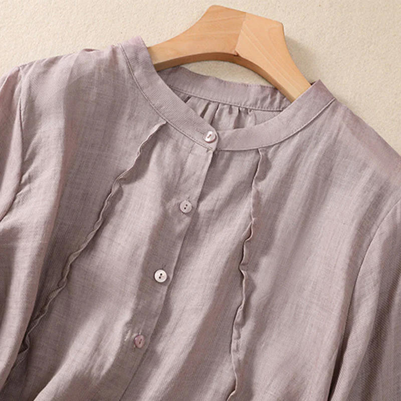 Camicia da donna a maniche a tre quarti in cotone e lino con bottoni, design a volant e stampa Buddha Stones, casual e semplice. - Image 3
