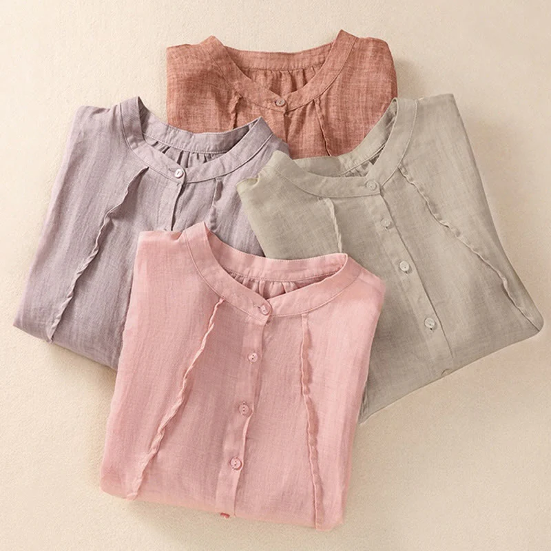 Camicia da donna a maniche a tre quarti in cotone e lino con bottoni, design a volant e stampa Buddha Stones, casual e semplice. - Image 32