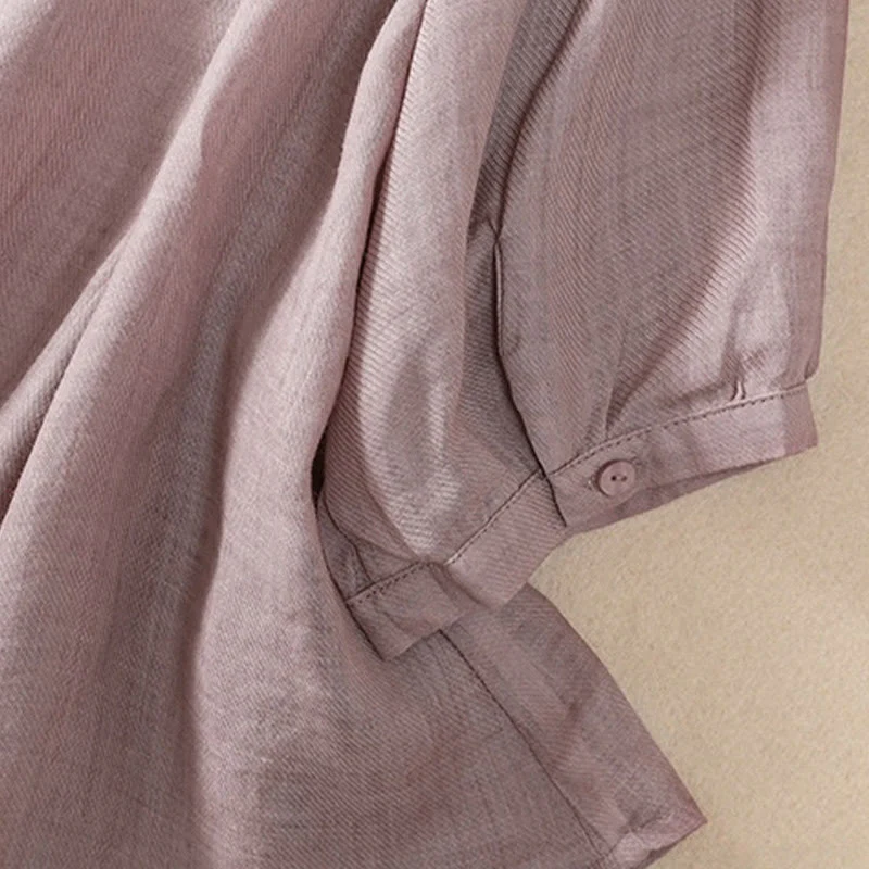 Camicia da donna a maniche a tre quarti in cotone e lino con bottoni, design a volant e stampa Buddha Stones, casual e semplice. - Image 5