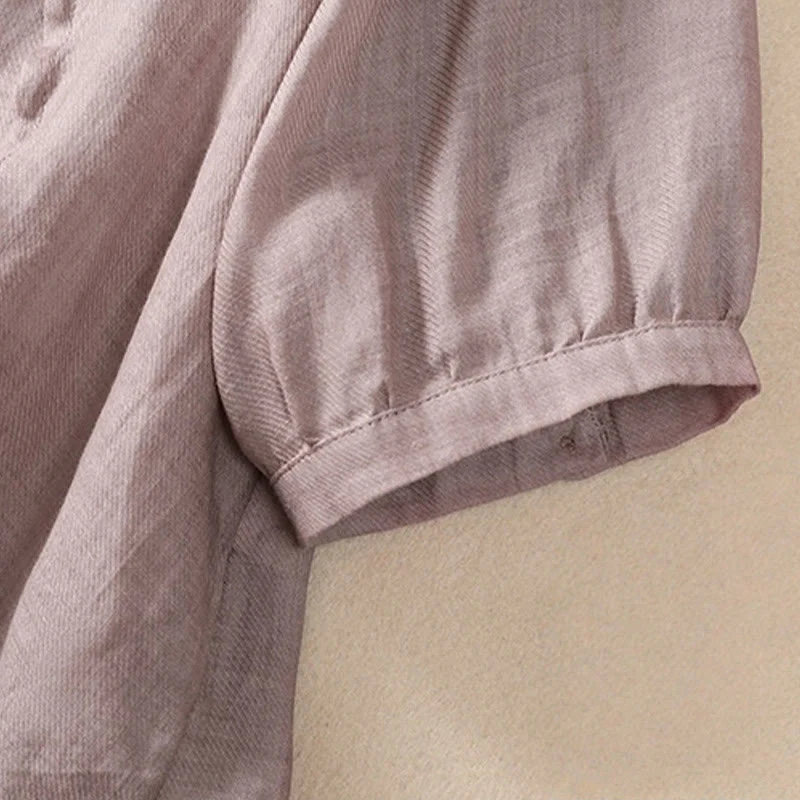 Camicia da donna a maniche a tre quarti in cotone e lino con bottoni, design a volant e stampa Buddha Stones, casual e semplice. - Image 6