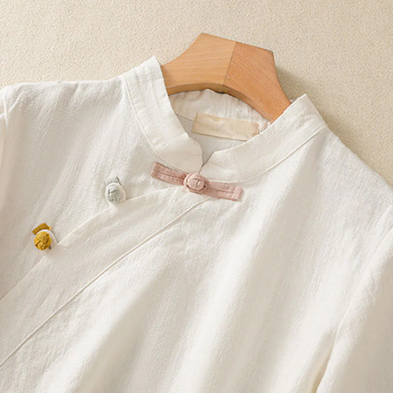 Abito da donna in cotone e lino con maniche a tre quarti, colletto obliquo e bottoni a rana colorati, stile casual Buddha Stones, camicia casual in cotone e lino con maniche a tre quarti. - Image 10