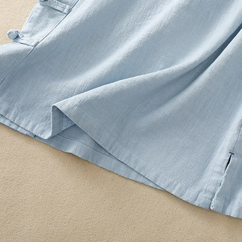 Abito da donna in cotone e lino con maniche a tre quarti, colletto obliquo e bottoni a rana colorati, stile casual Buddha Stones, camicia casual in cotone e lino con maniche a tre quarti. - Image 22