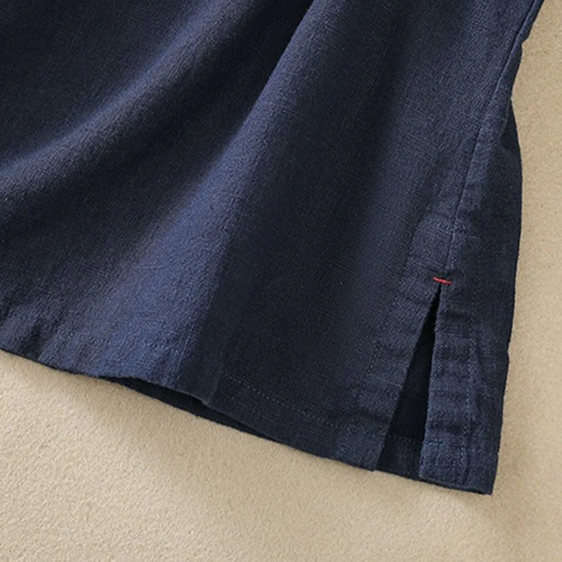 Abito da donna in cotone e lino con maniche a tre quarti, colletto obliquo e bottoni a rana colorati, stile casual Buddha Stones, camicia casual in cotone e lino con maniche a tre quarti. - Image 7