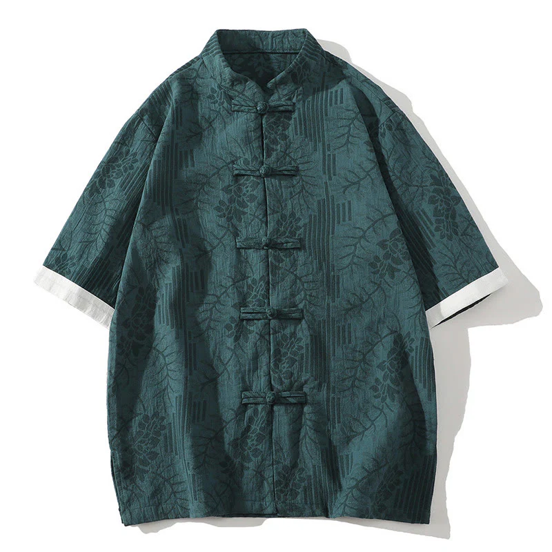 Camicia da uomo estiva casual in cotone a maniche corte con colletto alla coreana e motivo floreale jacquard Buddha Stones, chiusura con bottoni a rana e colore a contrasto.