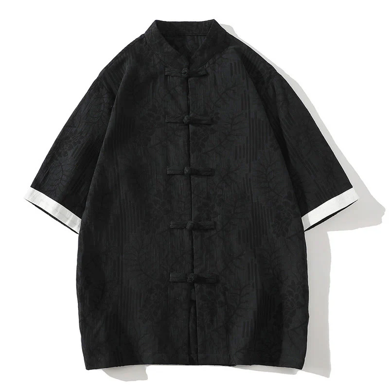 Camicia da uomo estiva casual in cotone a maniche corte con colletto alla coreana e motivo floreale jacquard Buddha Stones, chiusura con bottoni a rana e colore a contrasto. - Image 10