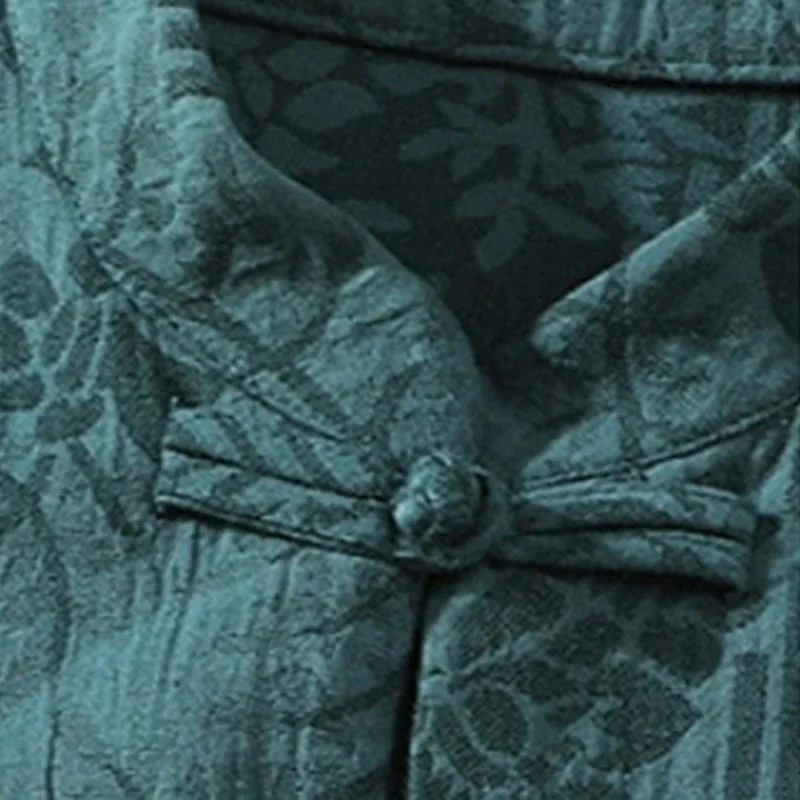 Camicia da uomo estiva casual in cotone a maniche corte con colletto alla coreana e motivo floreale jacquard Buddha Stones, chiusura con bottoni a rana e colore a contrasto. - Image 4