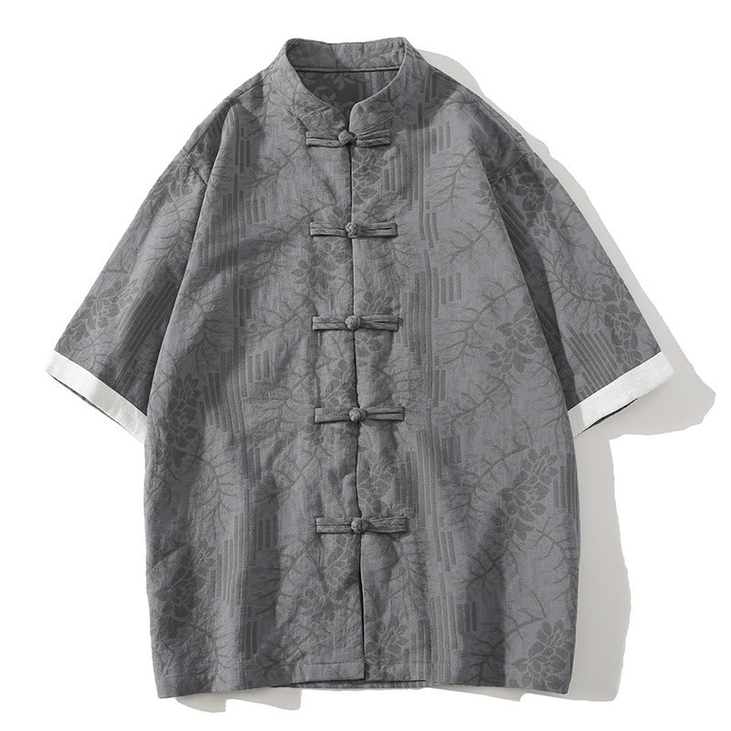 Camicia da uomo estiva casual in cotone a maniche corte con colletto alla coreana e motivo floreale jacquard Buddha Stones, chiusura con bottoni a rana e colore a contrasto. - Image 6