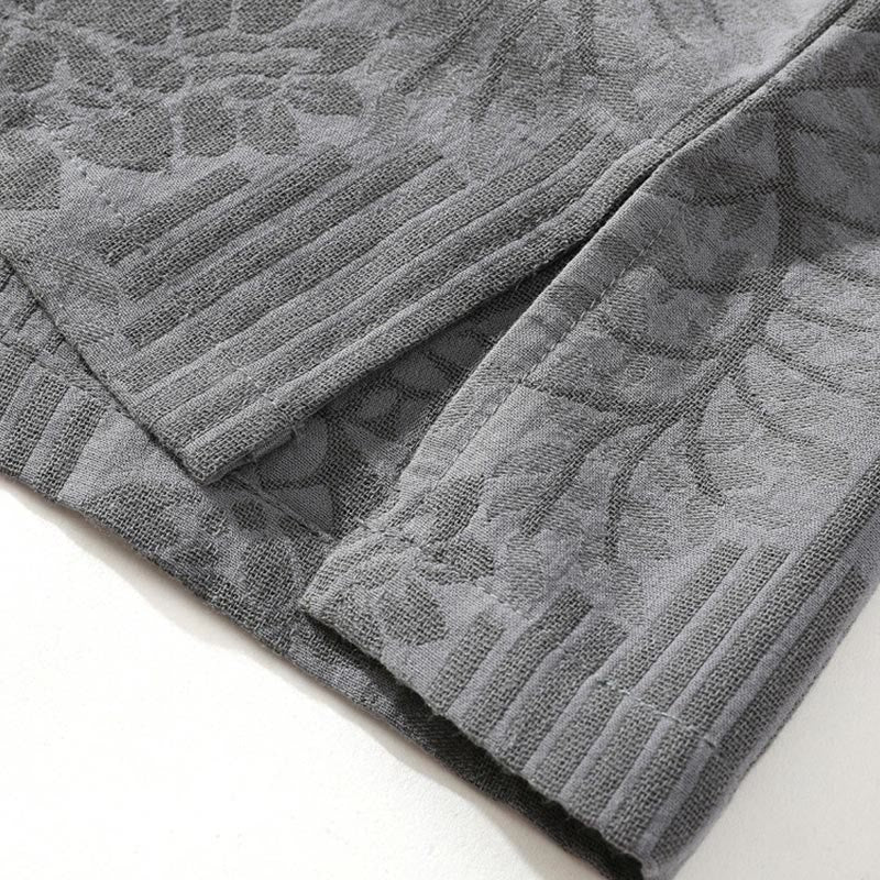 Camicia da uomo estiva casual in cotone a maniche corte con colletto alla coreana e motivo floreale jacquard Buddha Stones, chiusura con bottoni a rana e colore a contrasto. - Image 8