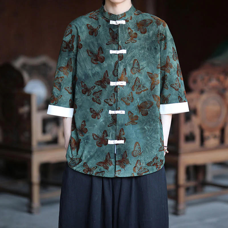 Camicia da uomo a maniche a tre quarti in cotone con colletto alla coreana e motivo a farfalla jacquard Buddha Stones, colore bianco, con bottoni a forma di rana.