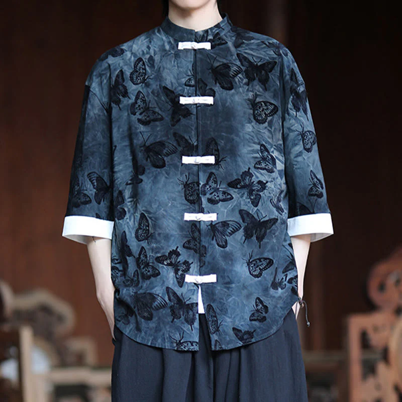 Camicia da uomo a maniche a tre quarti in cotone con colletto alla coreana e motivo a farfalla jacquard Buddha Stones, colore bianco, con bottoni a forma di rana. - Image 10