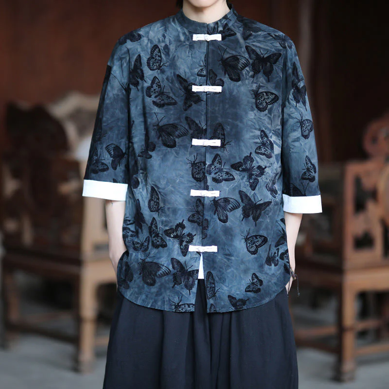 Camicia da uomo a maniche a tre quarti in cotone con colletto alla coreana e motivo a farfalla jacquard Buddha Stones, colore bianco, con bottoni a forma di rana. - Image 11