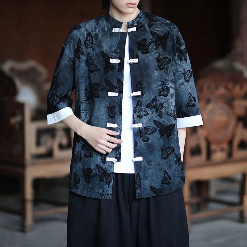 Camicia da uomo a maniche a tre quarti in cotone con colletto alla coreana e motivo a farfalla jacquard Buddha Stones, colore bianco, con bottoni a forma di rana. - Image 12
