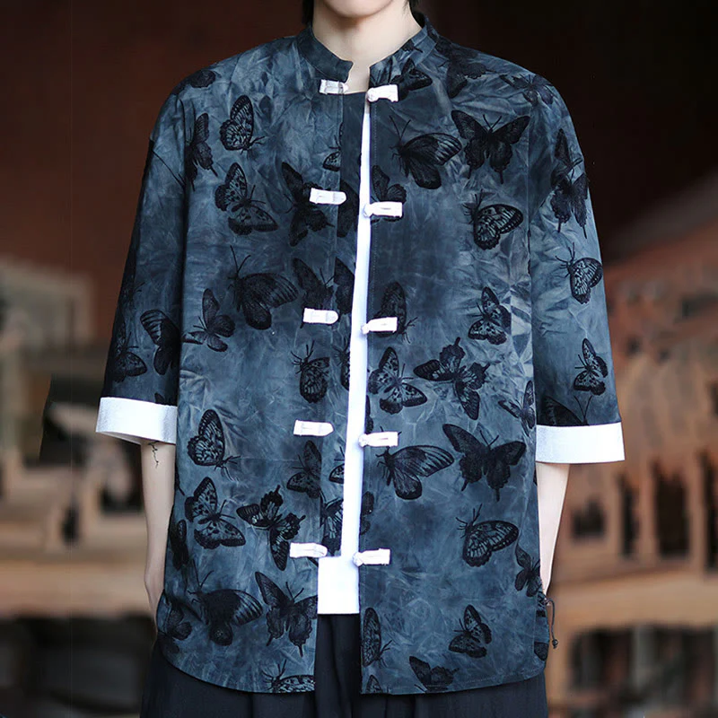 Camicia da uomo a maniche a tre quarti in cotone con colletto alla coreana e motivo a farfalla jacquard Buddha Stones, colore bianco, con bottoni a forma di rana. - Image 14