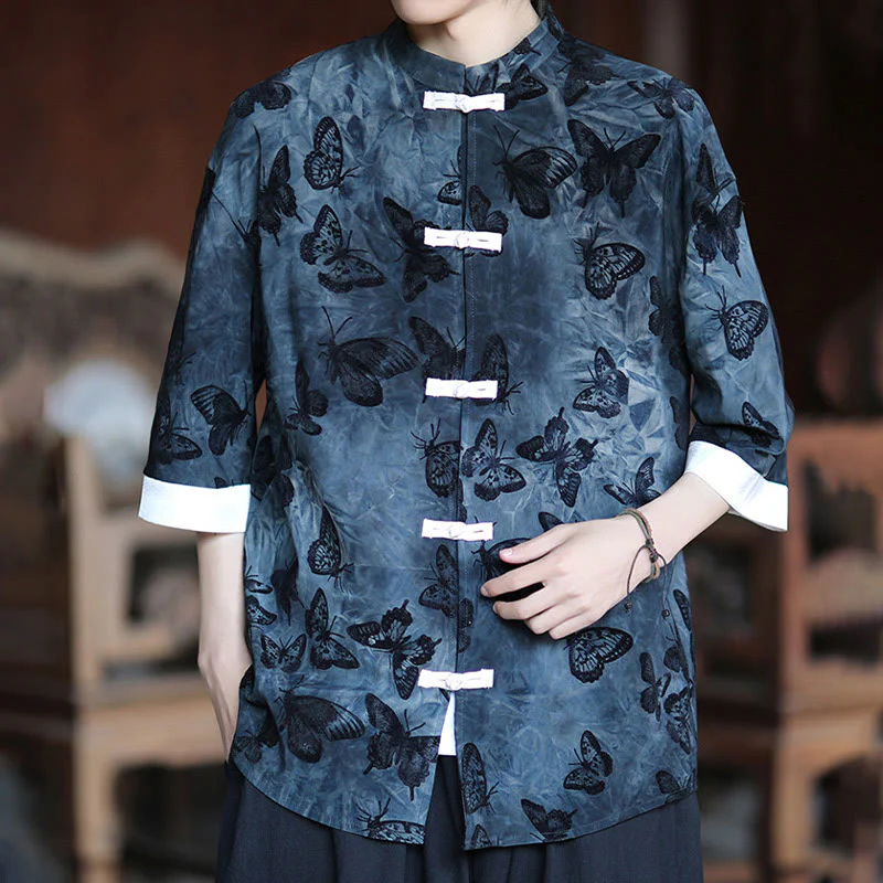 Camicia da uomo a maniche a tre quarti in cotone con colletto alla coreana e motivo a farfalla jacquard Buddha Stones, colore bianco, con bottoni a forma di rana. - Image 15